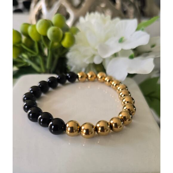 Black Gold Beaded Stretch Semi Precious Bracelet New - Picture 2 of 3